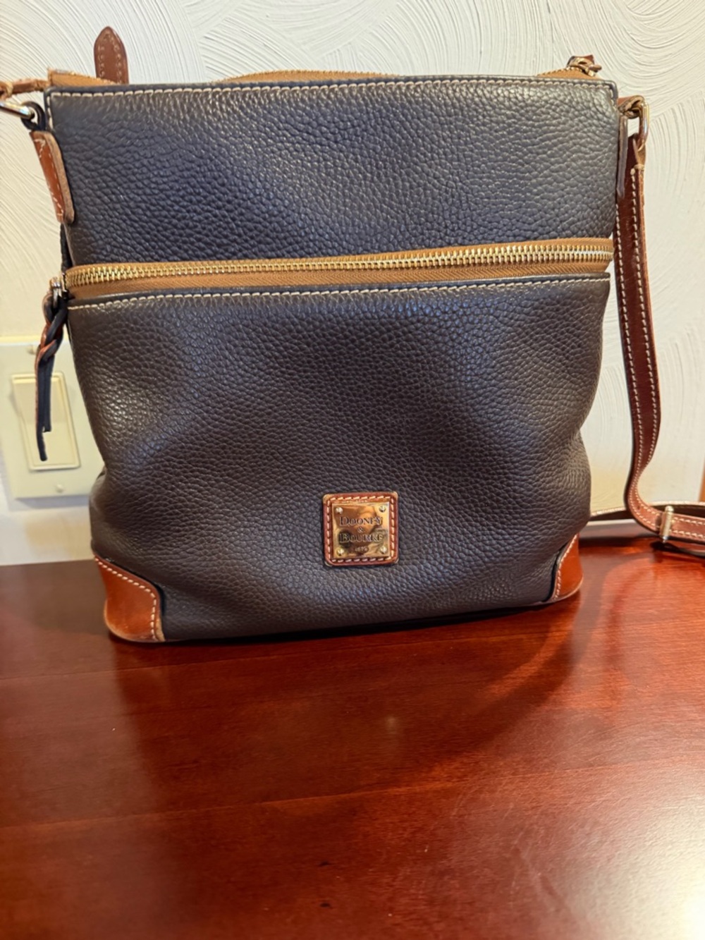Dooney & Bourke Black Pebble Leather Crossbody with Brown Trim